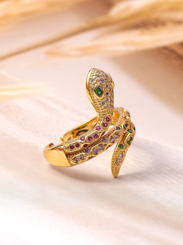 18K Gold Plated Multi-Stone & Cubic Zirconia Studded Snake Motif Adjustable Finger Ring Ring