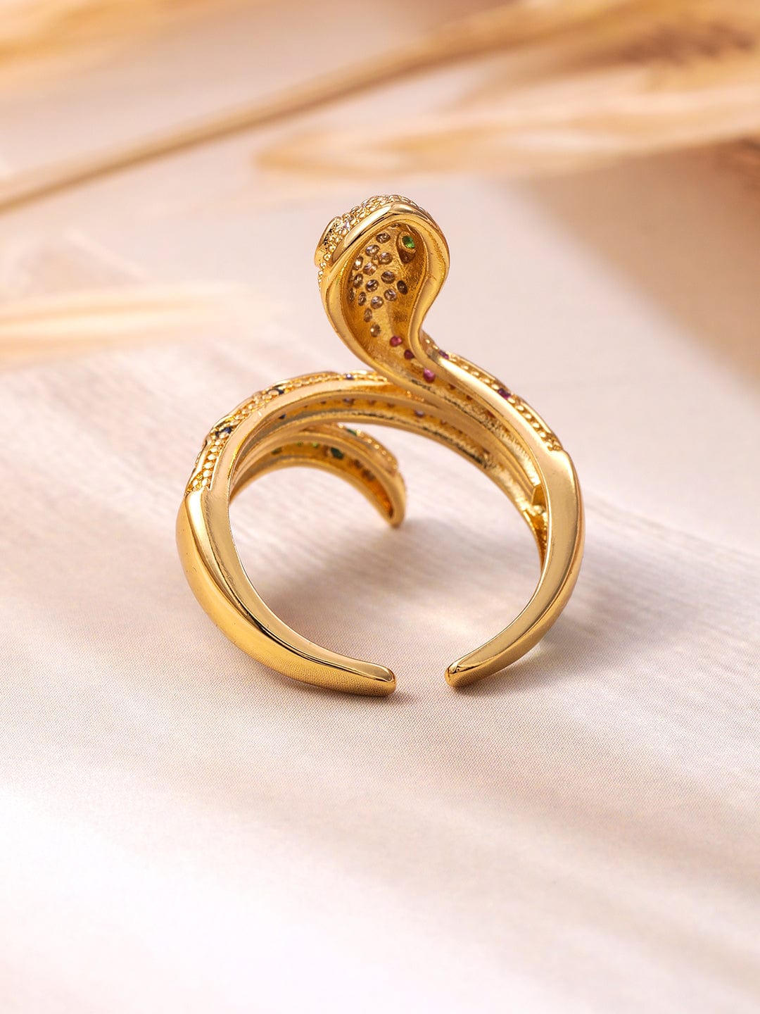 18K Gold Plated Multi-Stone & Cubic Zirconia Studded Snake Motif Adjustable Finger Ring Ring