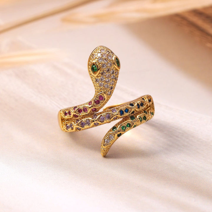 18K Gold Plated Multi-Stone & Cubic Zirconia Studded Snake Motif Adjustable Finger Ring Ring