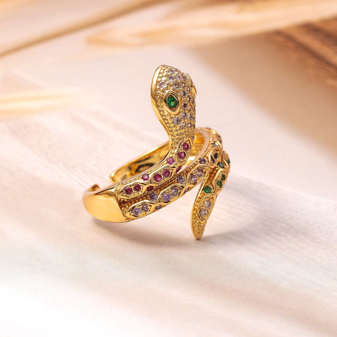 18K Gold Plated Multi-Stone & Cubic Zirconia Studded Snake Motif Adjustable Finger Ring Ring