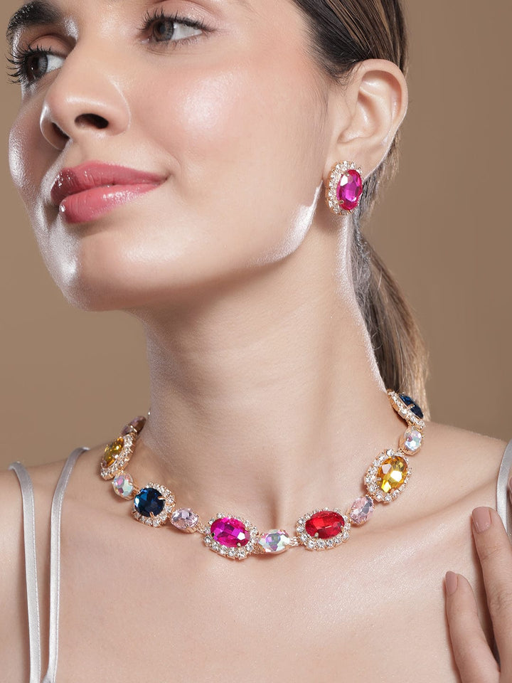 18K Gold Plated Multicolor Crystal AD & Zirconia Studded Statement Necklace Set Necklace Set