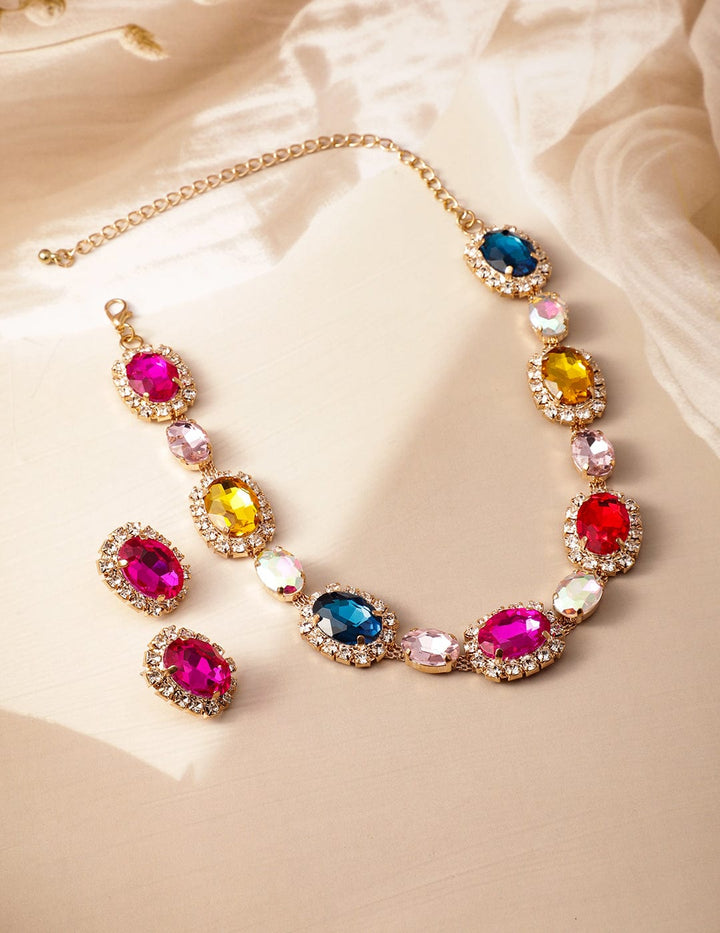 18K Gold Plated Multicolor Crystal AD & Zirconia Studded Statement Necklace Set Necklace Set