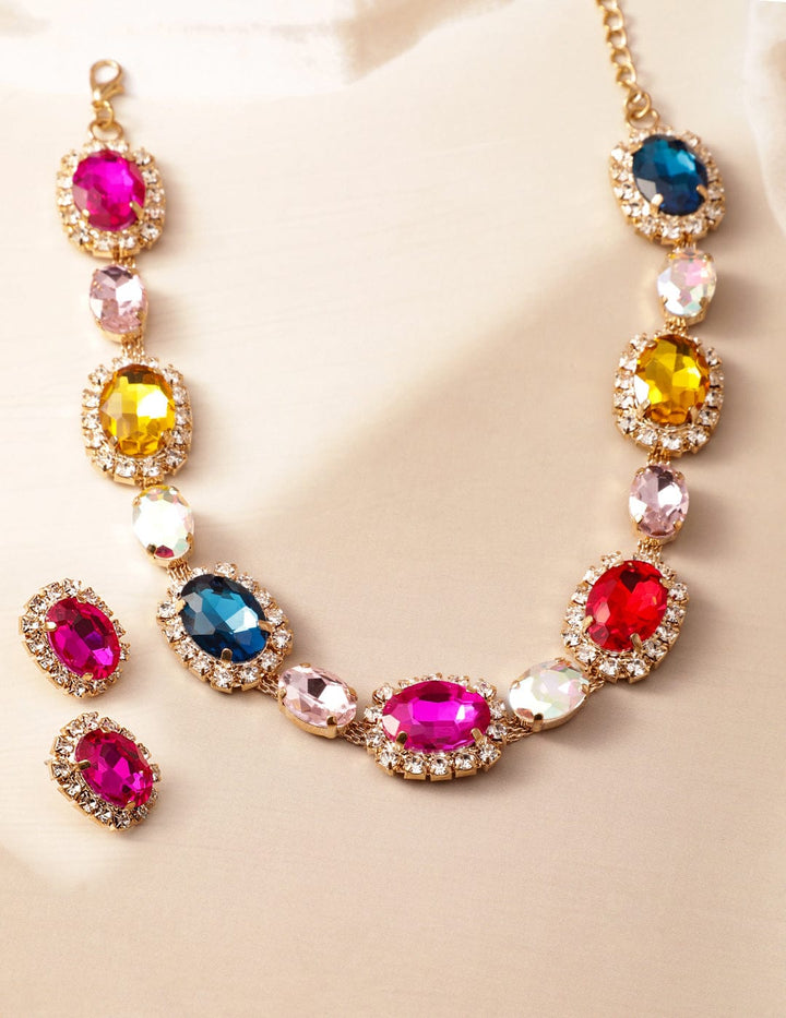 18K Gold Plated Multicolor Crystal AD & Zirconia Studded Statement Necklace Set Necklace Set