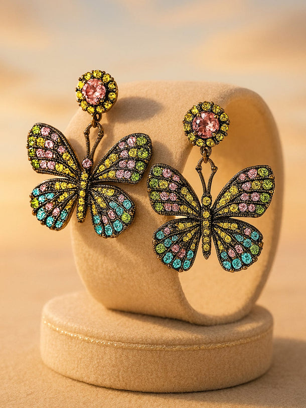 18K Gold Plated Multicolor Zirconia Stone Studded Statement Butterfly Drop Earrings Drop Earrings