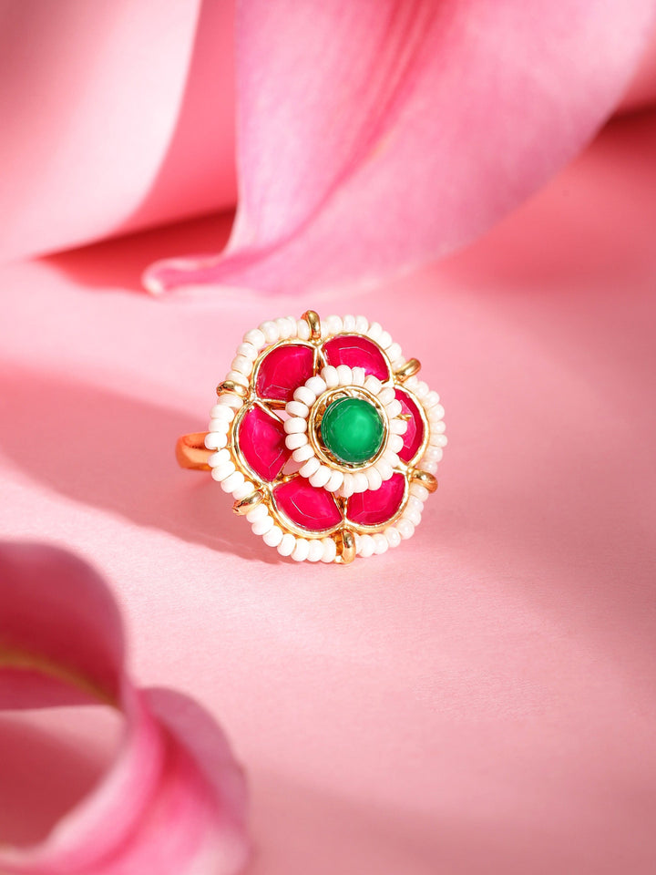 18K Gold Plated Pink & Green Kundan Studded, Pearls Beaded Adjustable Finger Ring Ring