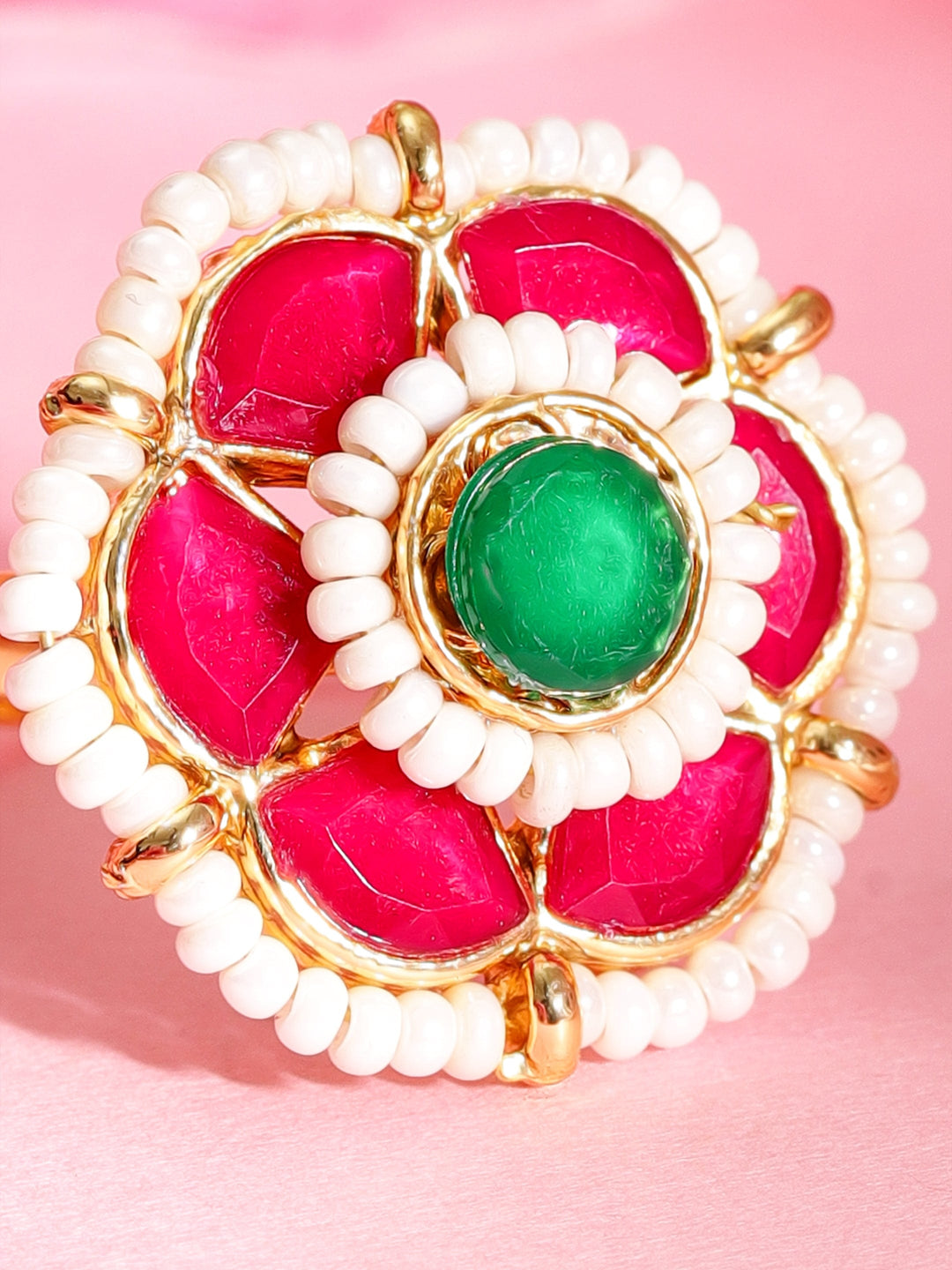 18K Gold Plated Pink & Green Kundan Studded, Pearls Beaded Adjustable Finger Ring Ring