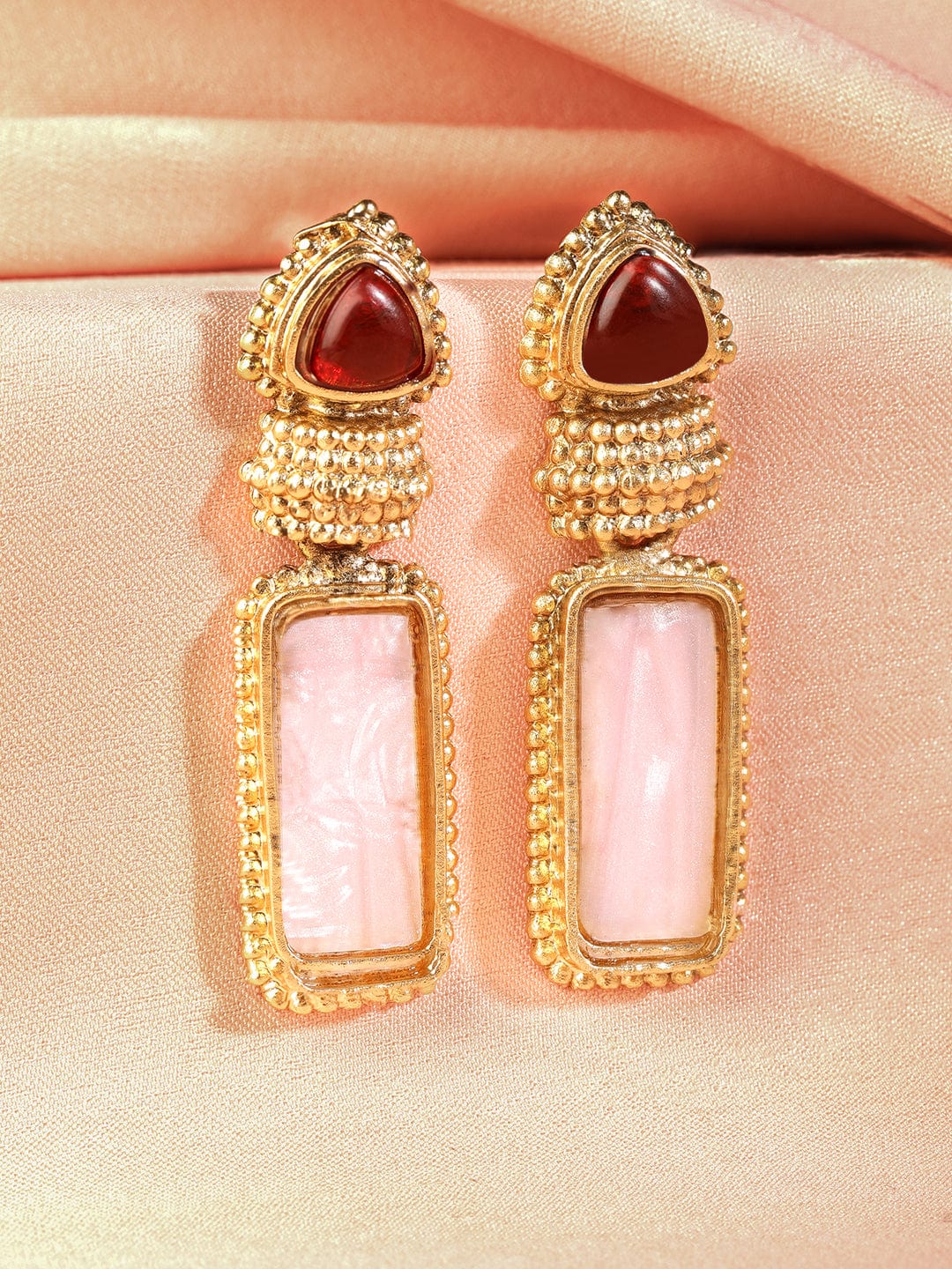 18K Gold Plated Ruby & Pale Pink Gemstone Studded Drop Earrings Drop Earrings