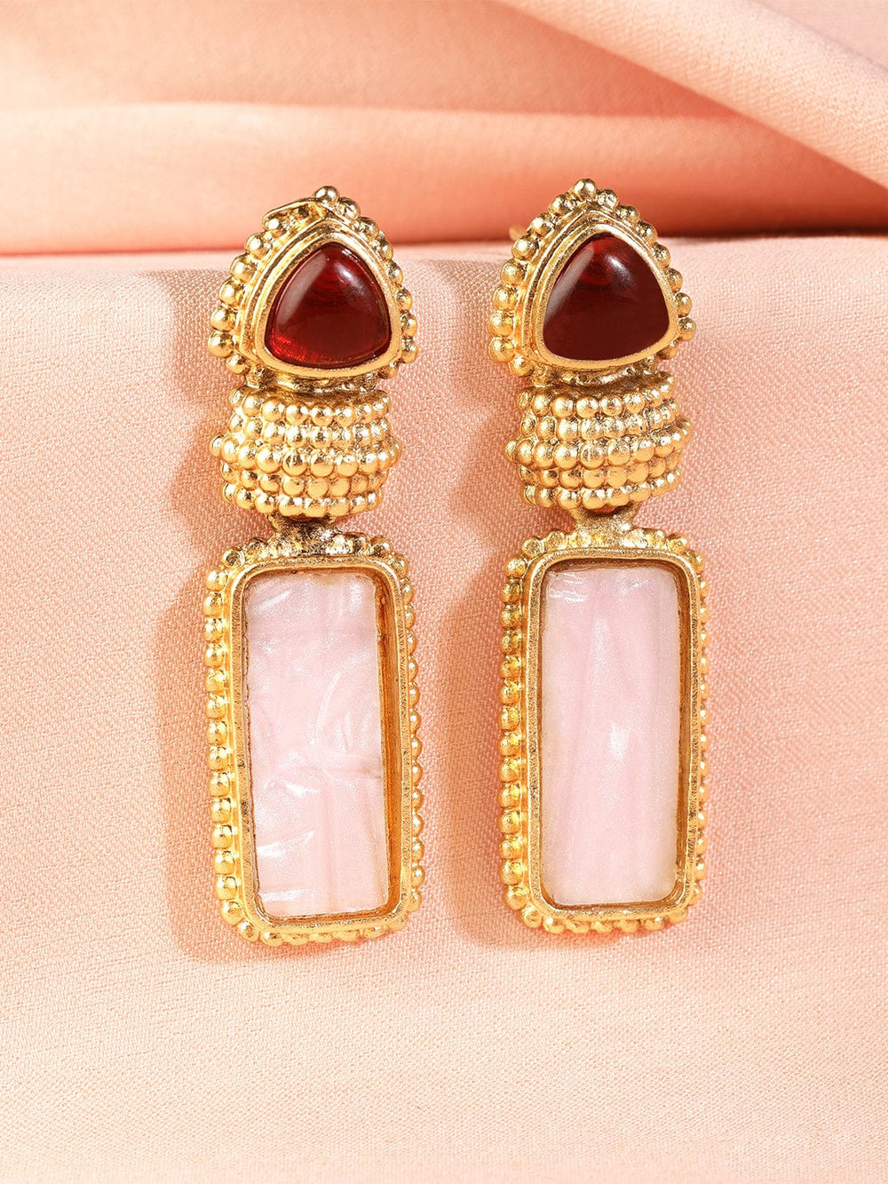 18K Gold Plated Ruby & Pale Pink Gemstone Studded Drop Earrings Drop Earrings