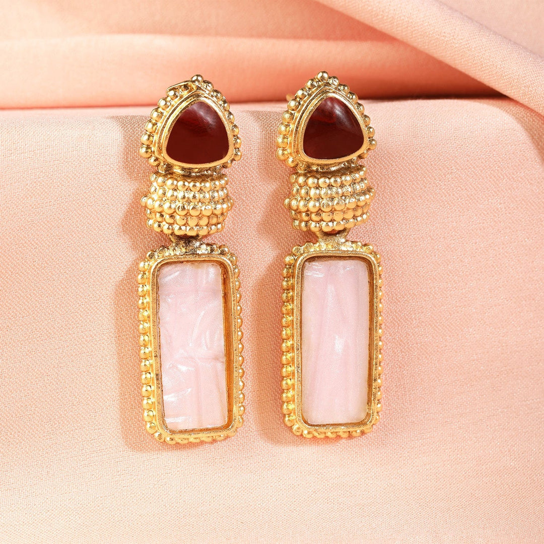 18K Gold Plated Ruby & Pale Pink Gemstone Studded Drop Earrings Drop Earrings