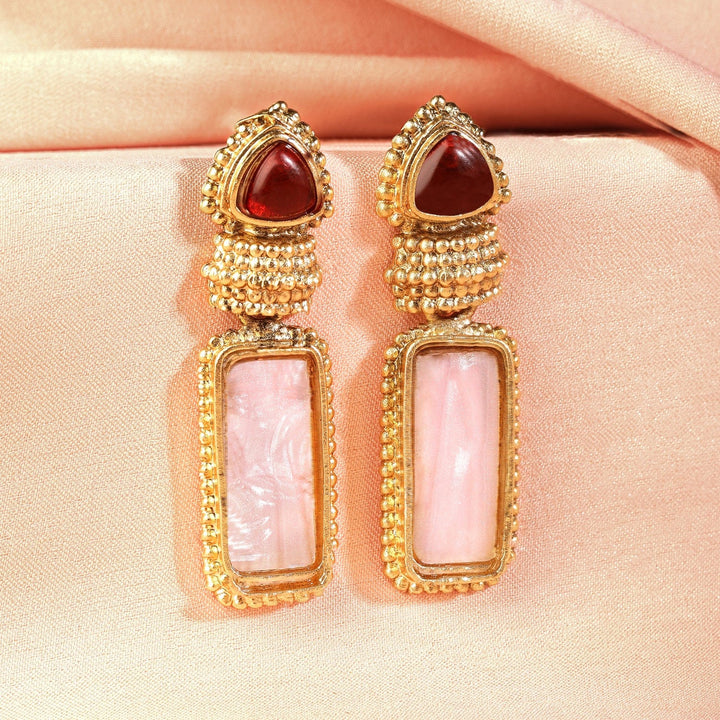 18K Gold Plated Ruby & Pale Pink Gemstone Studded Drop Earrings Drop Earrings