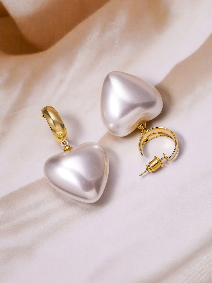 18K Gold Plated Shiny White Pearl Heart Drop Earrings Drop Earrings