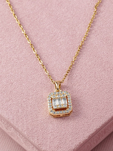18K Gold Plated Square Pendant Necklace with Sparkling Cubic Zicronia Accents Necklace and Chains