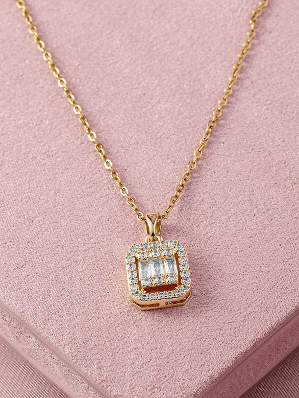 18K Gold Plated Square Pendant Necklace with Sparkling Cubic Zicronia Accents Necklace and Chains