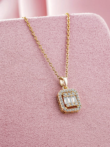 18K Gold Plated Square Pendant Necklace with Sparkling Cubic Zicronia Accents Necklace & Chains