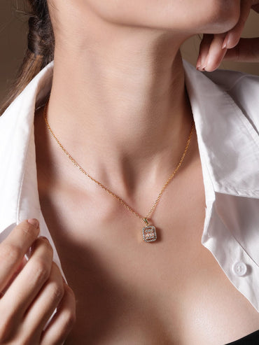 18K Gold Plated Square Pendant Necklace with Sparkling Cubic Zicronia Accents Necklace & Chains