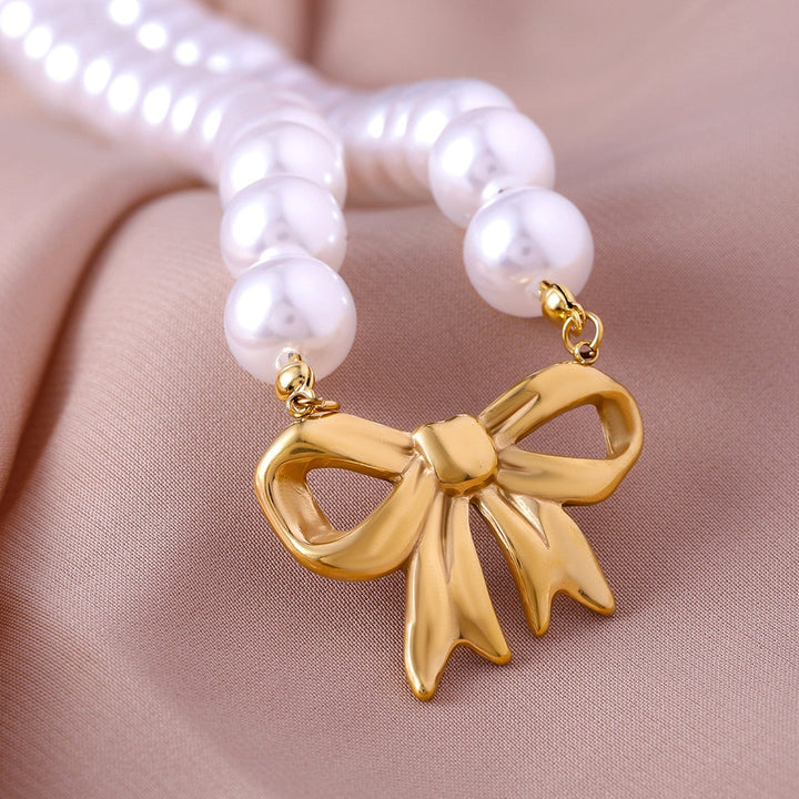 18K Gold Plated Stainless Steel Tarnish-Free Waterproof Bow Pearl Beaded Necklace Necklace & Chains