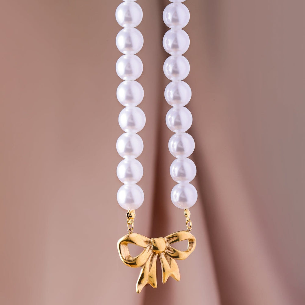 18K Gold Plated Stainless Steel Tarnish-Free Waterproof Bow Pearl Beaded Necklace Necklace & Chains