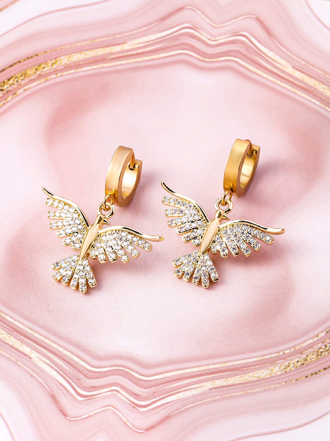 18K Gold Plated Stainless Steel Tarnish free Waterproof CZ Studded Bird Drop Earrings Drop Earrings