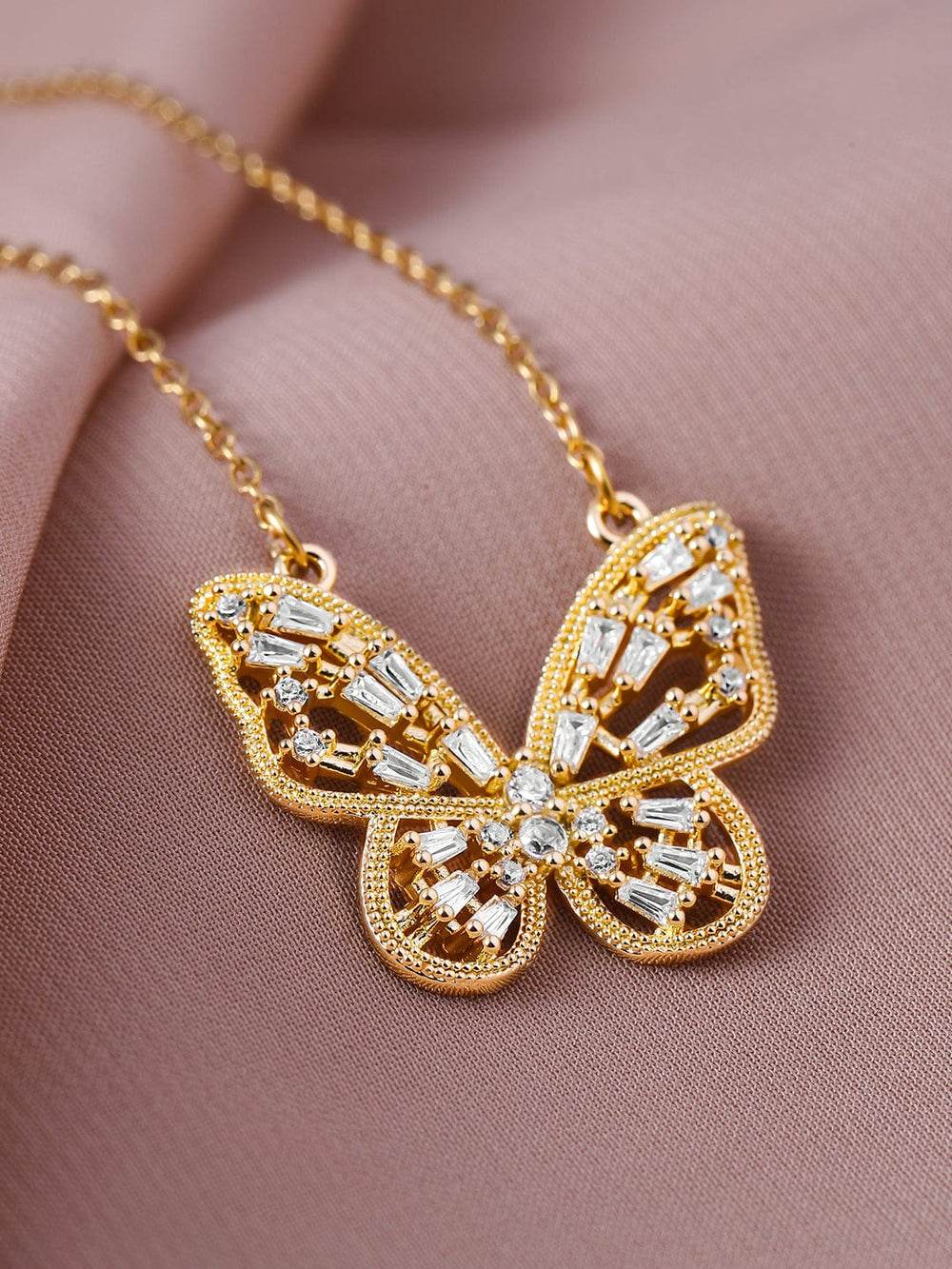 18K Gold Plated Stainless Steel Tarnish-Free Waterproof CZ Studded Butterfly Necklace Necklace & Chains