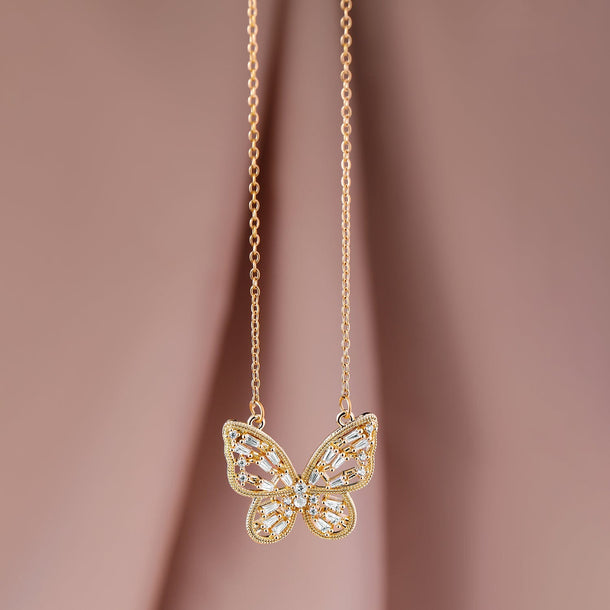 18K Gold Plated Stainless Steel Tarnish-Free Waterproof CZ Studded Butterfly Necklace Necklace & Chains
