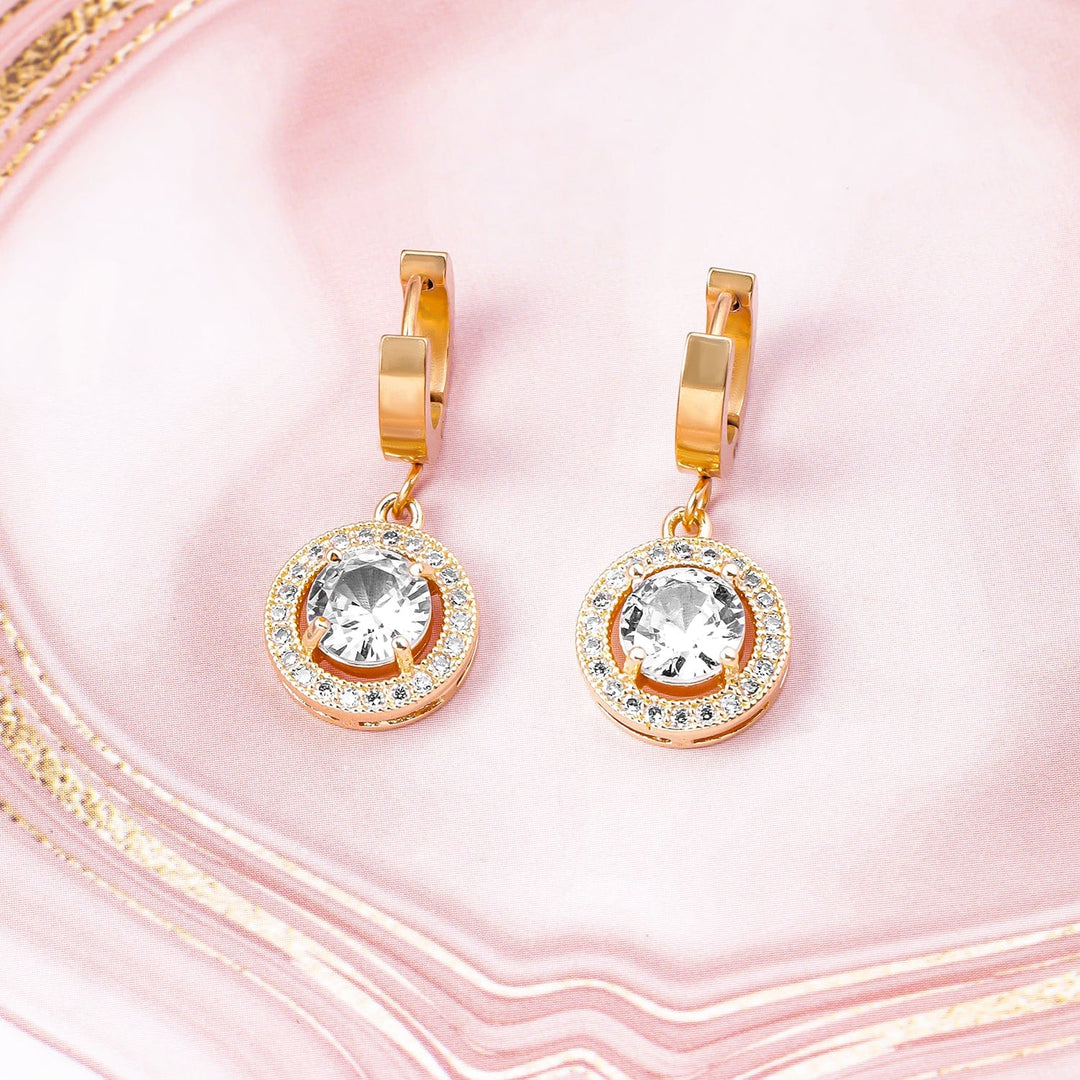 18K Gold Plated Stainless Steel Tarnish free Waterproof CZ Studded Round Drop Earrings Drop Earrings