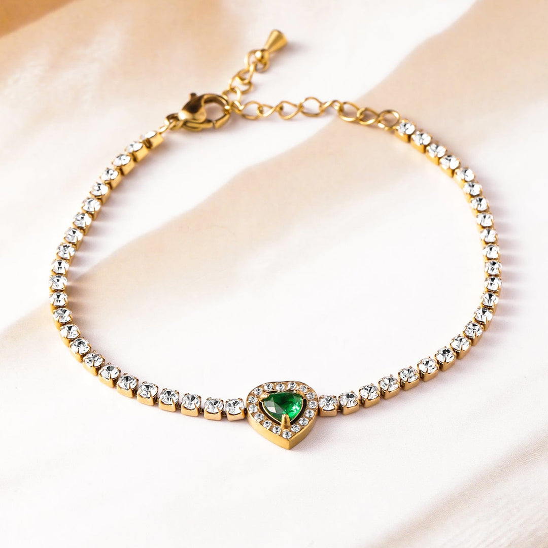 18K Gold-Plated Stainless Steel Tarnish-Free Waterproof Emerald & CZ Heart Bracelet Bracelet