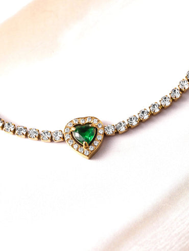 18K Gold-Plated Stainless Steel Tarnish-Free Waterproof Emerald & CZ Heart Bracelet Wristwear