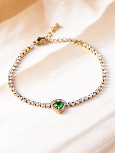 18K Gold-Plated Stainless Steel Tarnish-Free Waterproof Emerald & CZ Heart Bracelet Wristwear
