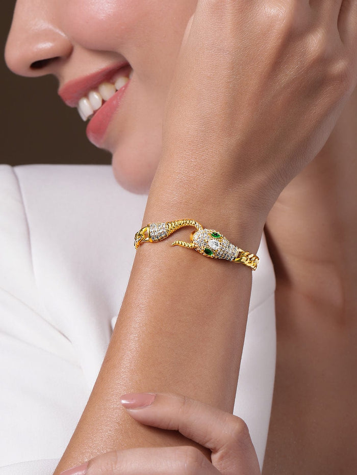 18K Gold-Plated Stainless Steel Tarnish-Free Waterproof Emerald & CZ Snake Bracelet - Gold