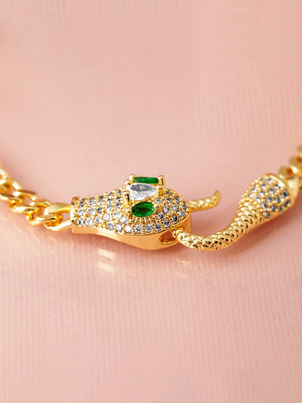 18K Gold-Plated Stainless Steel Tarnish-Free Waterproof Emerald & CZ Snake Bracelet Wristwear