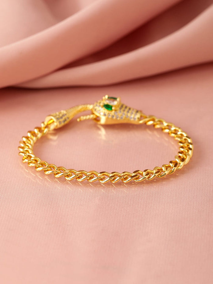 18K Gold-Plated Stainless Steel Tarnish-Free Waterproof Emerald & CZ Snake Bracelet - Gold