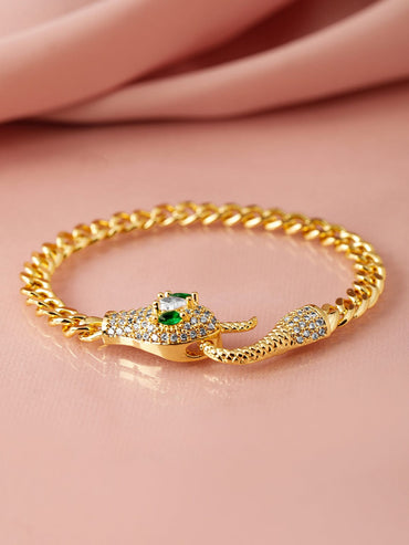 18K Gold-Plated Stainless Steel Tarnish-Free Waterproof Emerald & CZ Snake Bracelet Wristwear