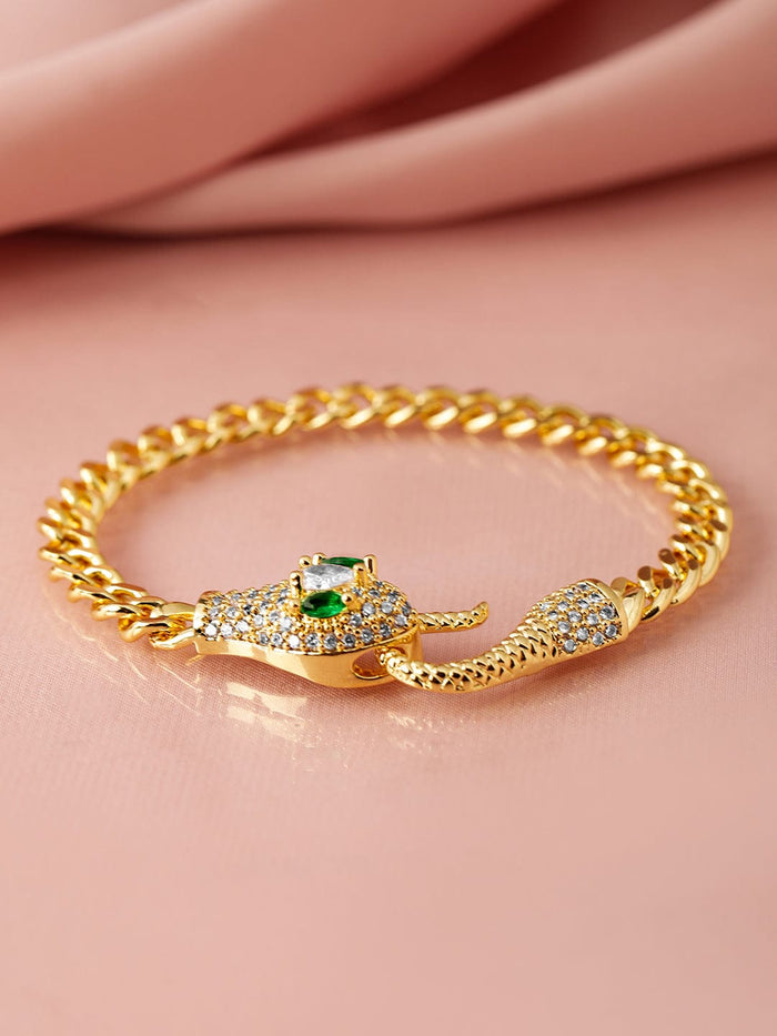18K Gold-Plated Stainless Steel Tarnish-Free Waterproof Emerald & CZ Snake Bracelet - Gold