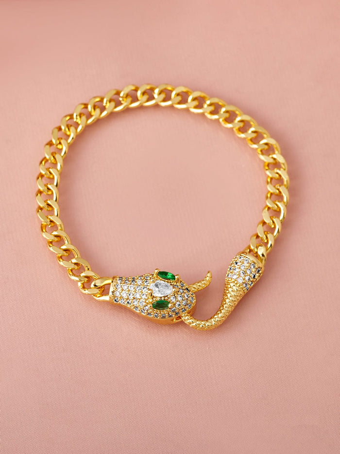 18K Gold-Plated Stainless Steel Tarnish-Free Waterproof Emerald & CZ Snake Bracelet - Gold