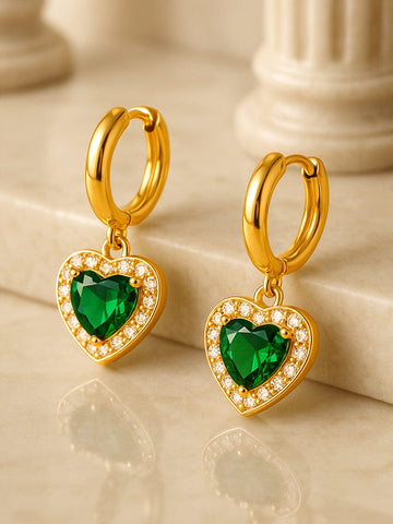 18K Gold Plated Stainless Steel Tarnish-Free Waterproof Emerald CZ Studded Drop Earrings Drop Earrings