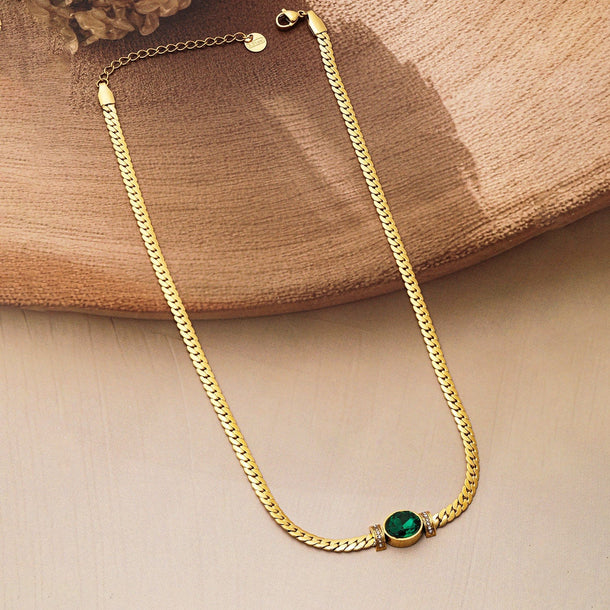 18K Gold Plated Stainless Steel Tarnish-Free Waterproof  Emerald CZ Studded Necklace Necklace & Chains