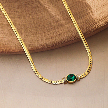 18K Gold Plated Stainless Steel Tarnish-Free Waterproof  Emerald CZ Studded Necklace Necklace & Chains