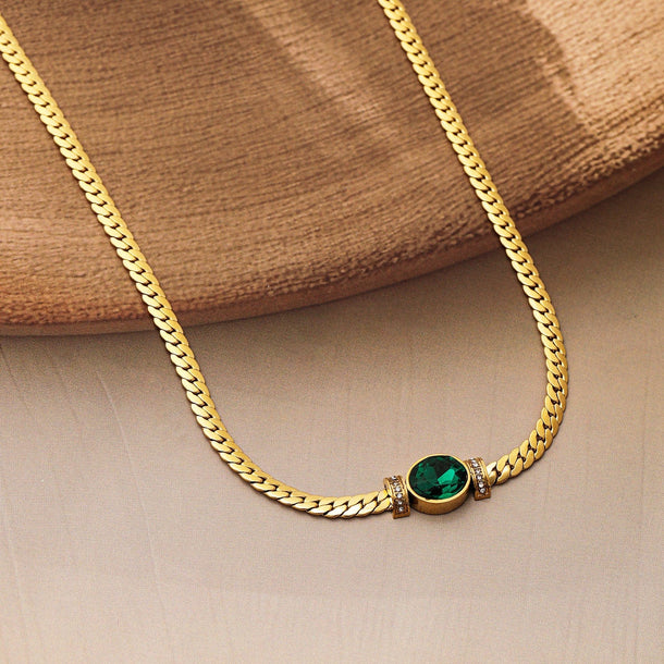 18K Gold Plated Stainless Steel Tarnish-Free Waterproof  Emerald CZ Studded Necklace Necklace & Chains