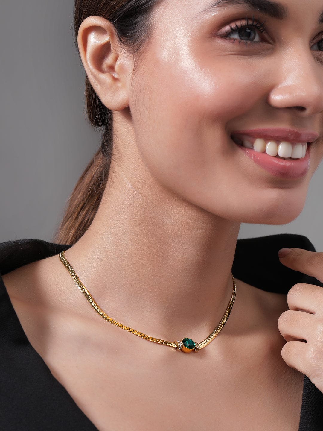 18K Gold Plated Stainless Steel Tarnish-Free Waterproof  Emerald CZ Studded Necklace Necklace & Chains