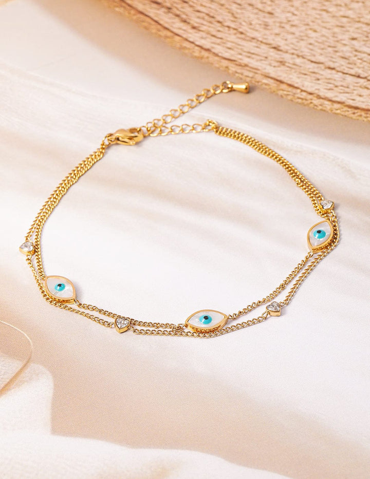 18K Gold Plated Stainless Steel Tarnish-Free Waterproof Evil Eye & Heart Charm Anklet Anklets