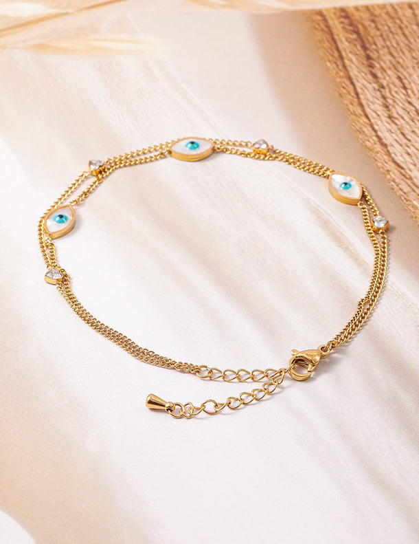 18K Gold Plated Stainless Steel Tarnish-Free Waterproof Evil Eye & Heart Charm Anklet Anklets