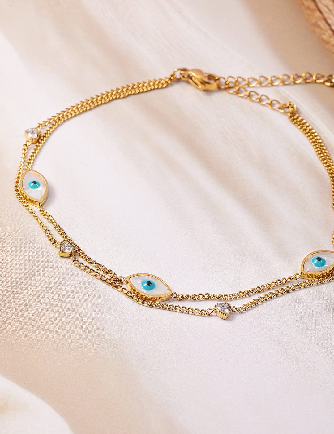 18K Gold Plated Stainless Steel Tarnish-Free Waterproof Evil Eye & Heart Charm Anklet Anklets