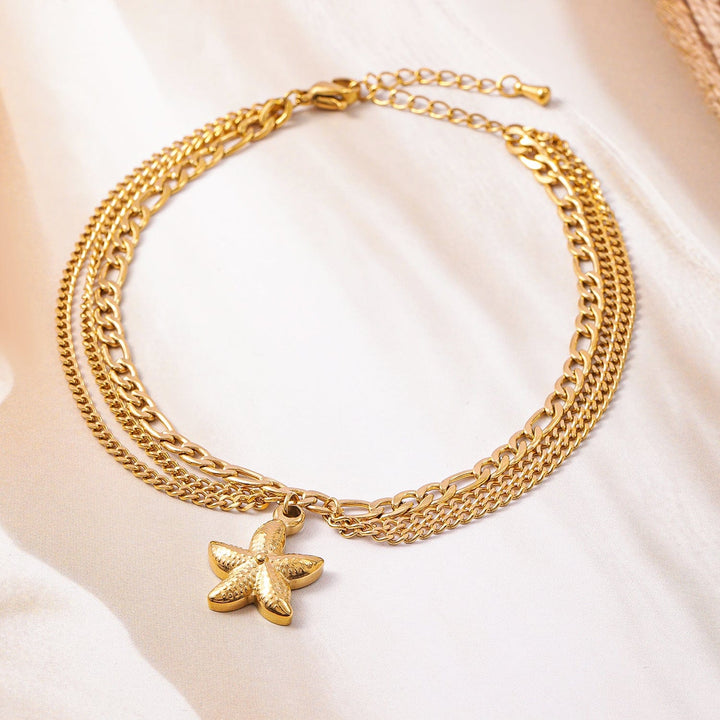 18K Gold Plated Stainless Steel Tarnish-Free Waterproof Multilayer Starfish Charm Anklet Anklet