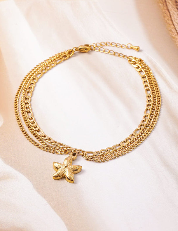 18K Gold Plated Stainless Steel Tarnish-Free Waterproof Multilayer Starfish Charm Anklet Anklets