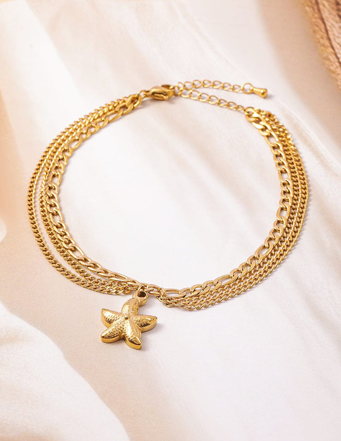18K Gold Plated Stainless Steel Tarnish-Free Waterproof Multilayer Starfish Charm Anklet - Gold