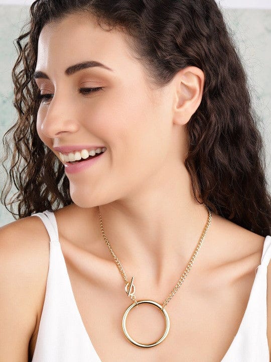 18K Gold Plated Statement Round Pendant Necklace with Toggle Clasp Necklace & Chains