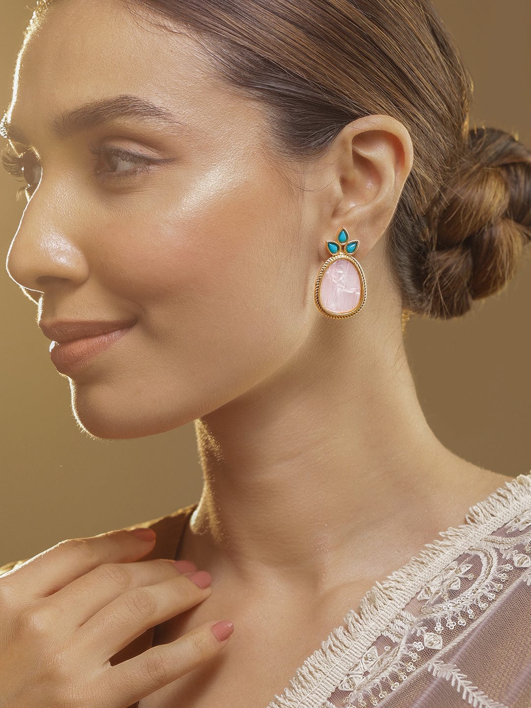 18K Gold Plated Turquoise Blue & Pale Pink Stone Drop Earrings with Golden Outline Drop Earrings