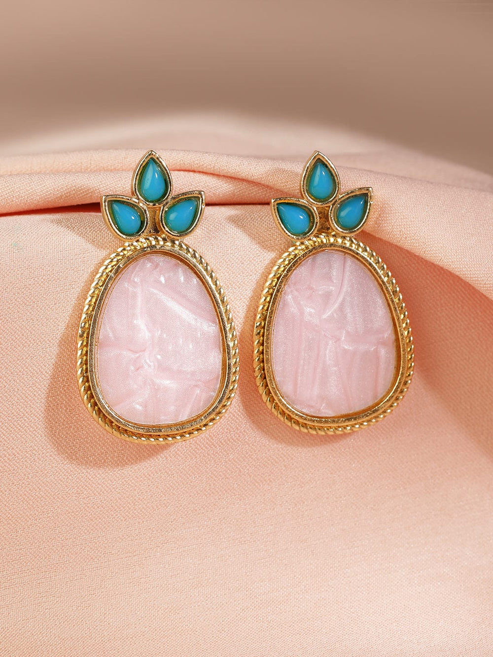 18K Gold Plated Turquoise Blue & Pale Pink Stone Drop Earrings with Golden Outline Drop Earrings