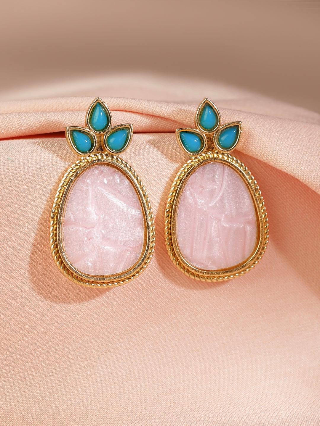 18K Gold Plated Turquoise Blue & Pale Pink Stone Drop Earrings with Golden Outline Drop Earrings