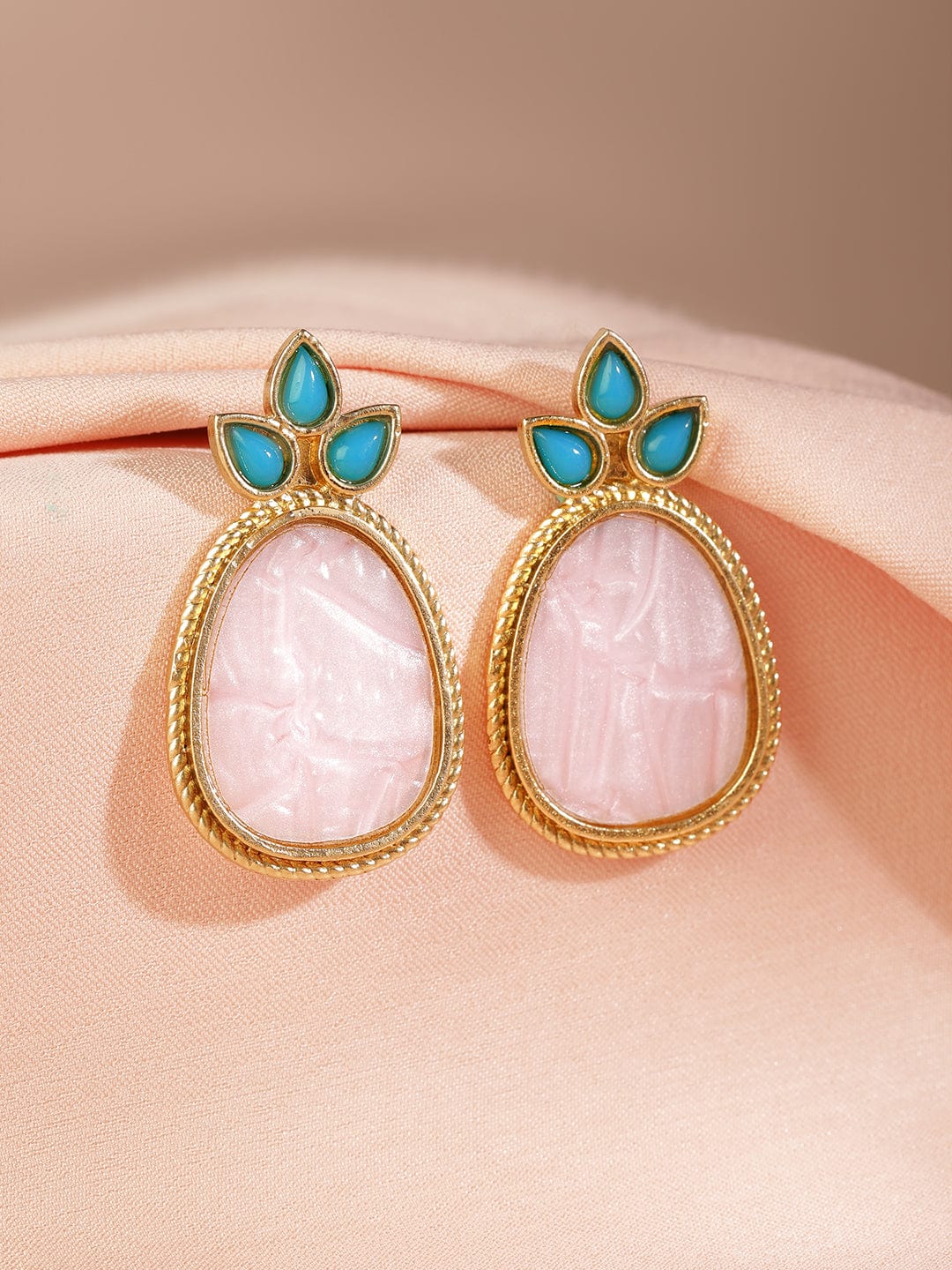 18K Gold Plated Turquoise Blue & Pale Pink Stone Drop Earrings with Golden Outline Drop Earrings